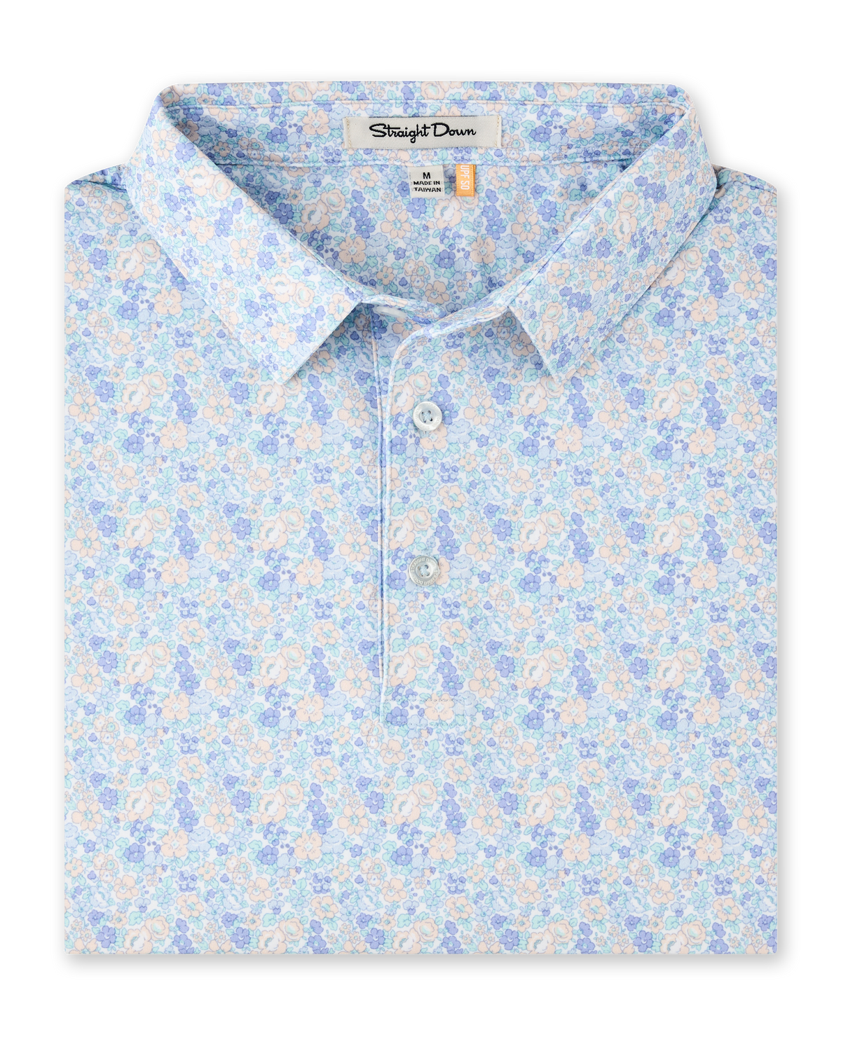 Folded Pasadena Polo in Lake featuring an all-over floral print in soft blue, lavender, aqua, and peach tones.