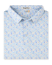 Folded Pasadena Polo in Lake featuring an all-over floral print in soft blue, lavender, aqua, and peach tones.