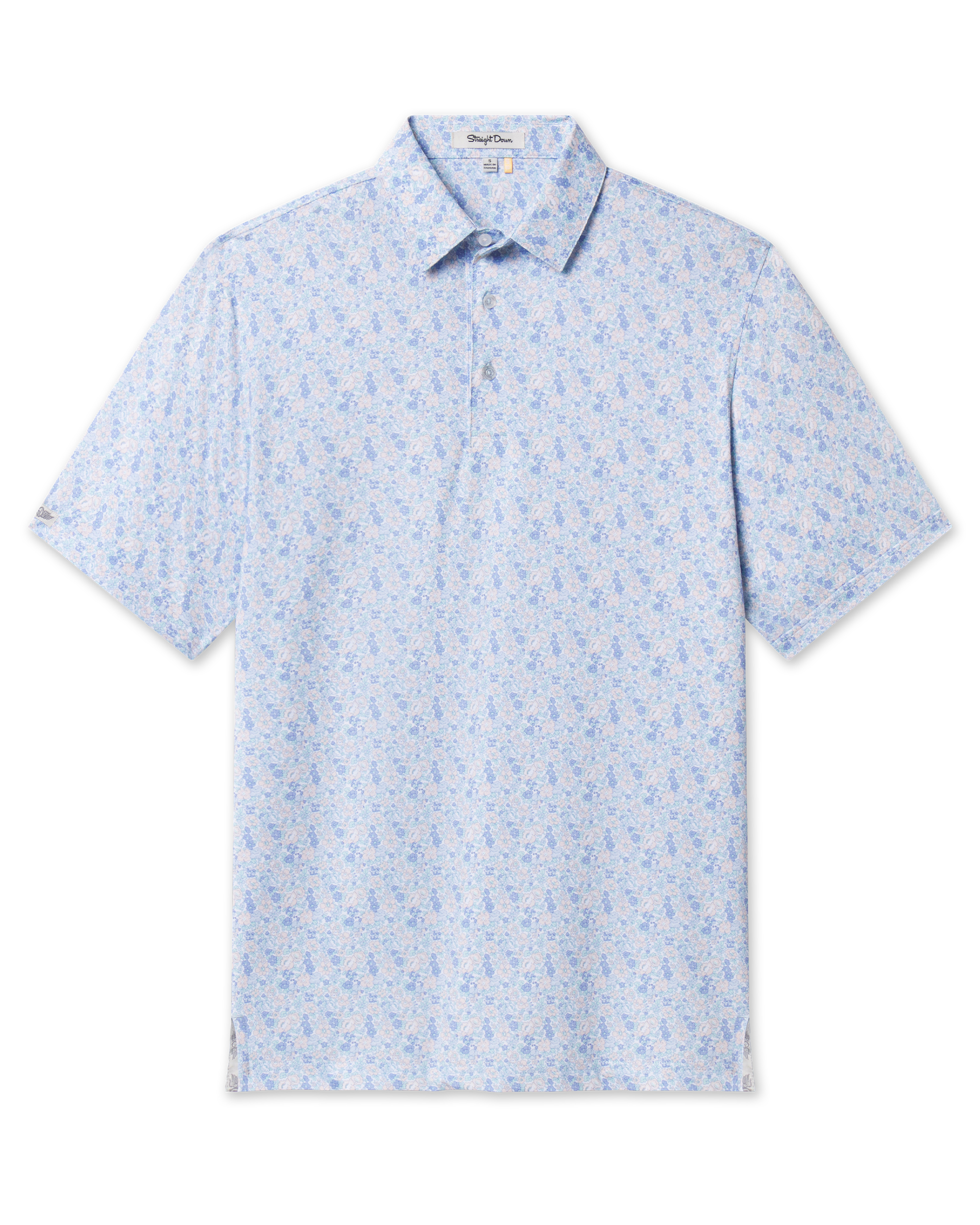 Pasadena Polo in Lake featuring a short-sleeve silhouette and all-over multicolor floral print.