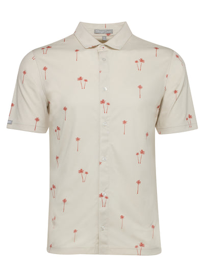 Lonely Palms Full Button Polo in Stone, flat lay front view featuring a cream base with scattered coral palm tree print and Straight Down label visible at the collar