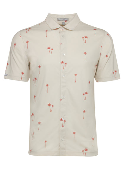 Lonely Palms Full Button Polo in Stone, flat lay front view featuring a cream base with scattered coral palm tree print and Straight Down label visible at the collar