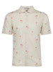 Lonely Palms Full Button Polo in Stone, flat lay front view featuring a cream base with scattered coral palm tree print and Straight Down label visible at the collar