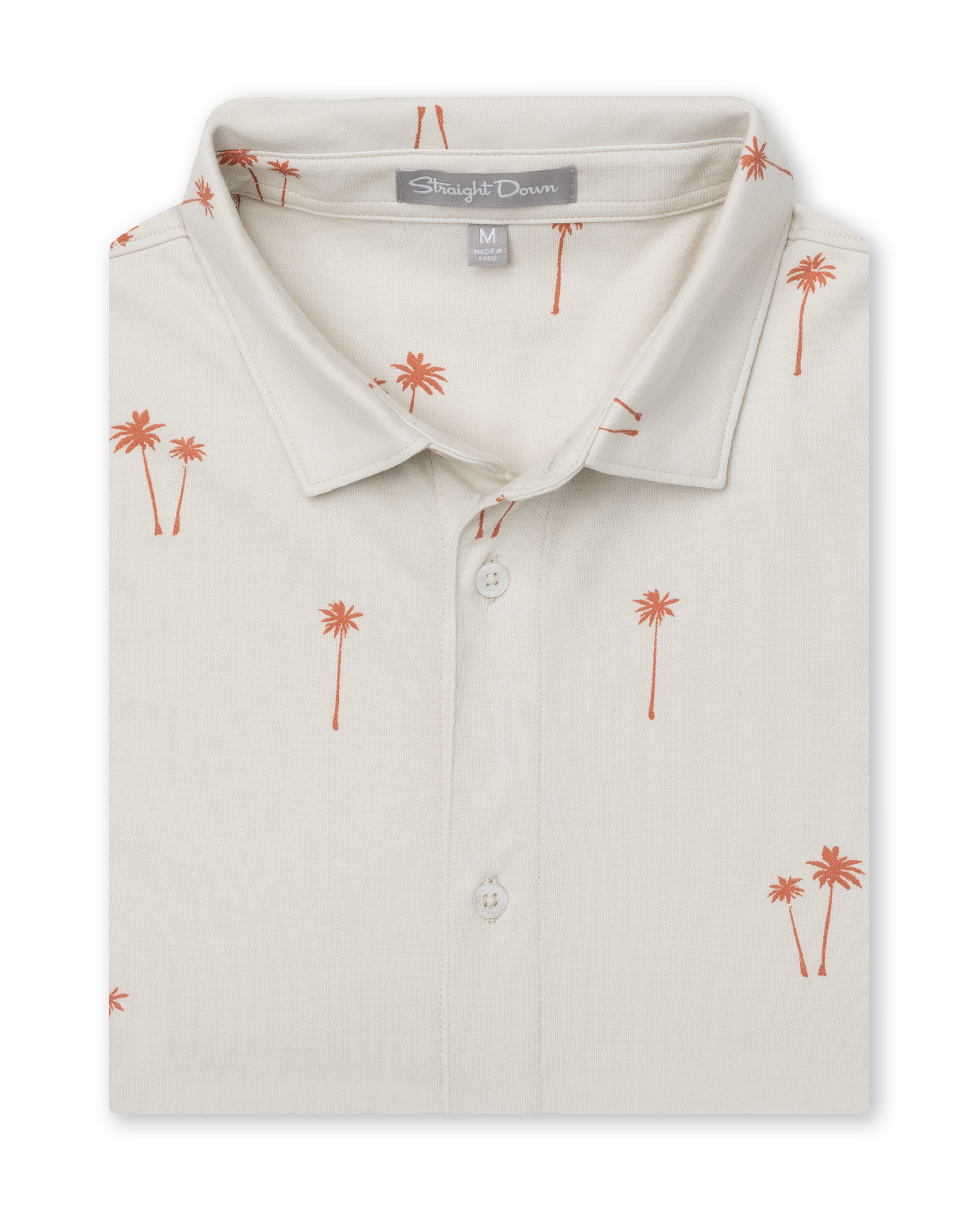 Lonely Palms Full Button Polo in Stone, folded flat lay front view featuring a cream base with scattered coral palm tree print and Straight Down label visible at the collar