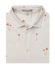 Lonely Palms Full Button Polo in Stone, folded flat lay front view featuring a cream base with scattered coral palm tree print and Straight Down label visible at the collar
