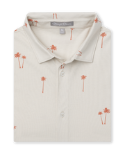 Lonely Palms Full Button Polo in Stone, folded flat lay front view featuring a cream base with scattered coral palm tree print and Straight Down label visible at the collar