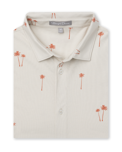Lonely Palms Full Button Polo in Stone, folded flat lay front view featuring a cream base with scattered coral palm tree print and Straight Down label visible at the collar