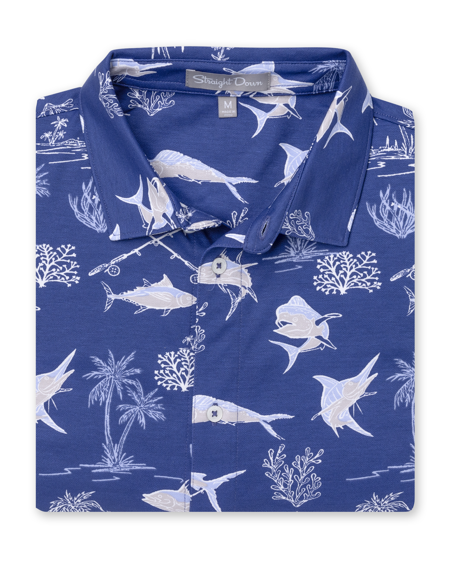 Islamorada Full Button Polo in Skipper, folded flat lay front view featuring a blue base with an all-over white nautical print of marlin, sailfish, coral, palm trees, and fishing rods