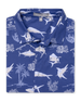 Islamorada Full Button Polo in Skipper, folded flat lay front view featuring a blue base with an all-over white nautical print of marlin, sailfish, coral, palm trees, and fishing rods