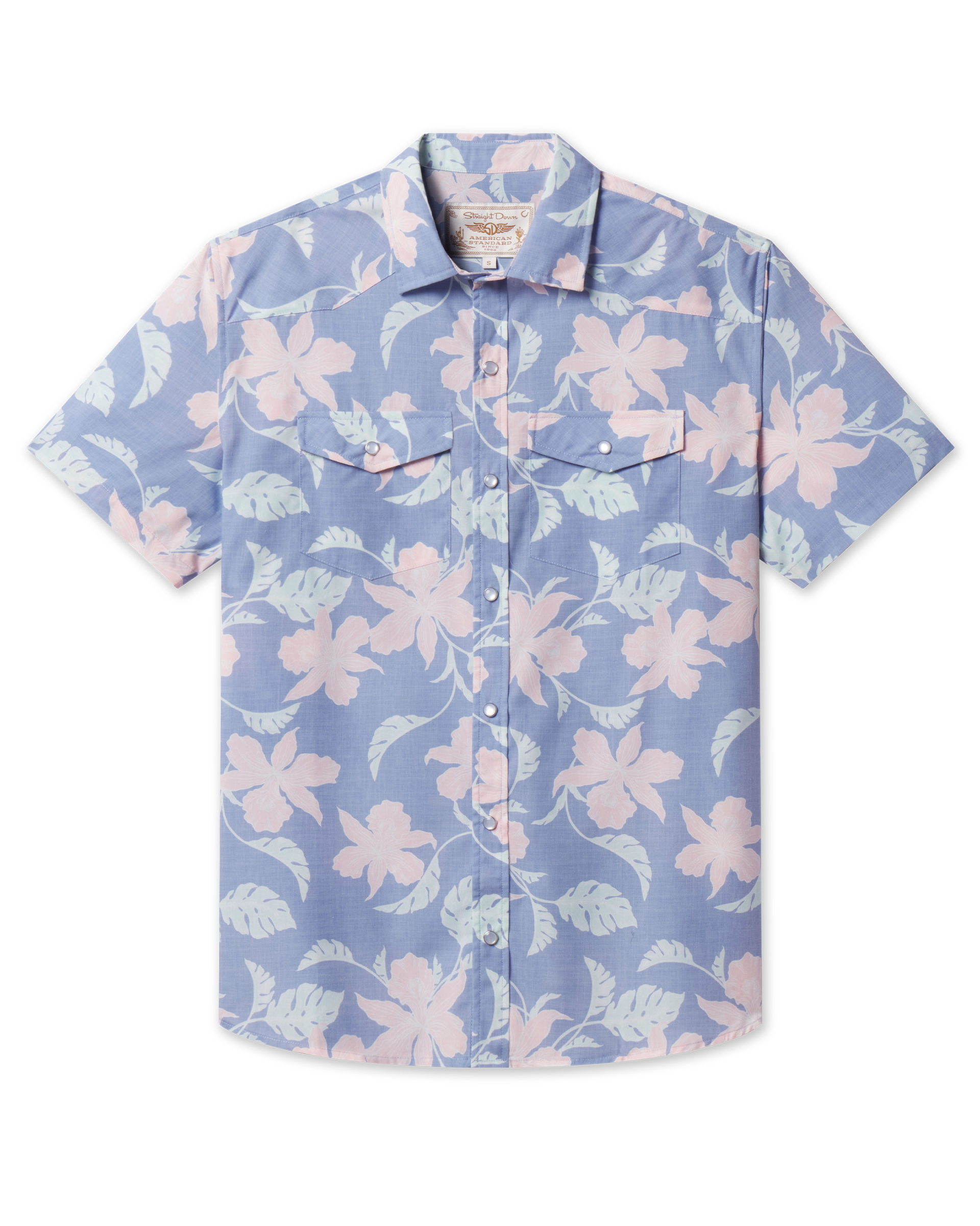 Blue short-sleeve floral shirt with pearl snap buttons and dual chest pockets.