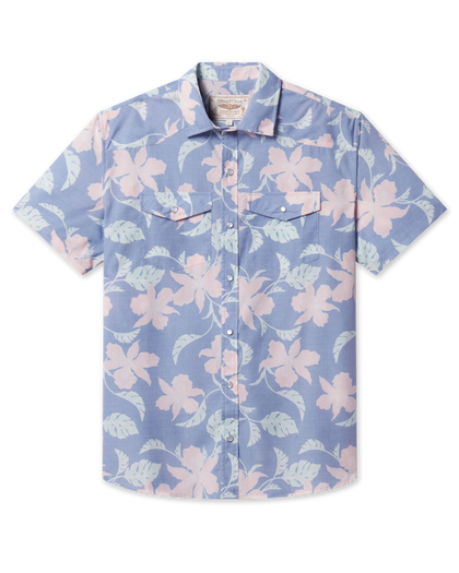 Blue short-sleeve floral shirt with pearl snap buttons and dual chest pockets.