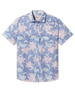 Blue short-sleeve floral shirt with pearl snap buttons and dual chest pockets.