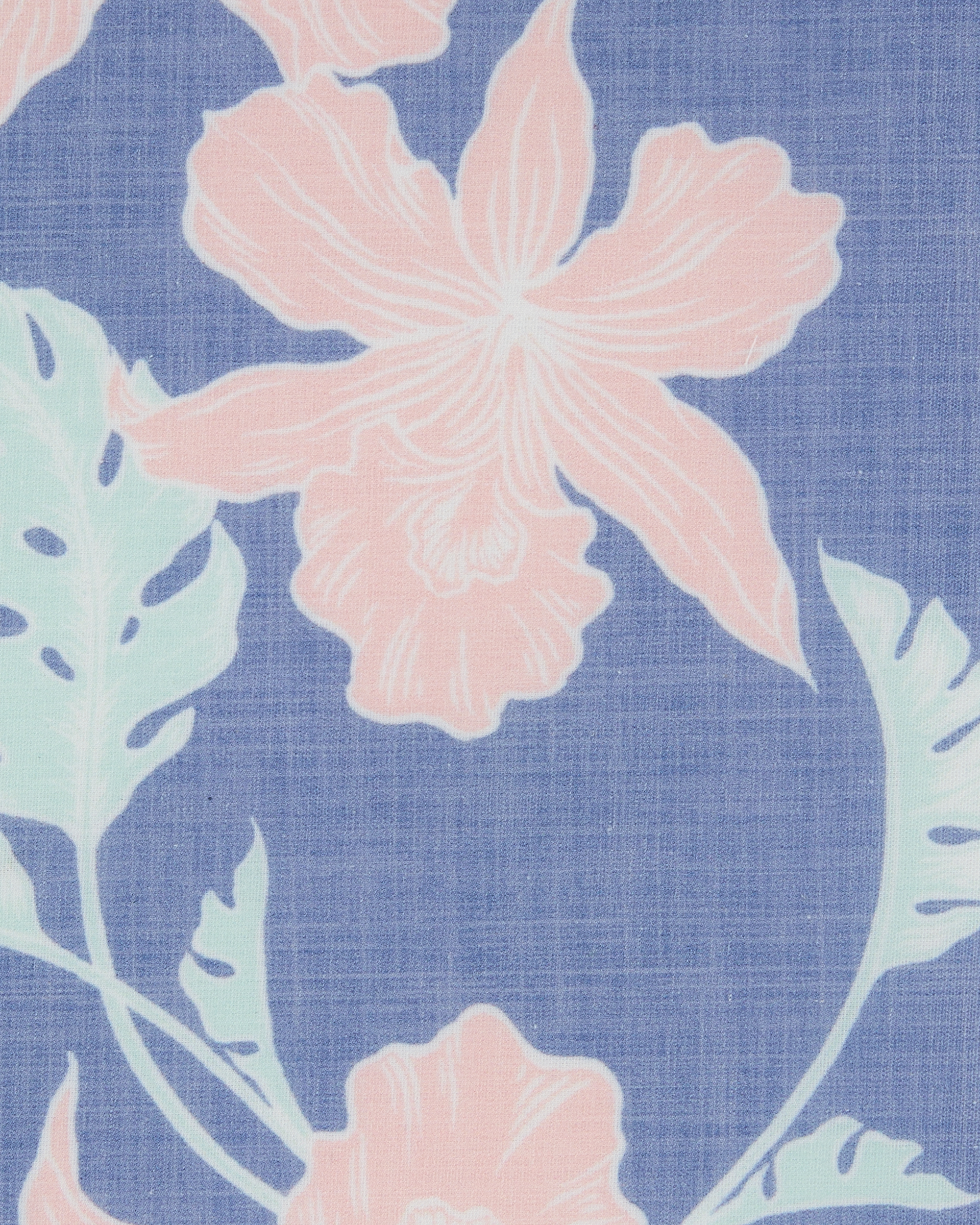 Close-up of the pink floral and mint leaf print on blue fabric.