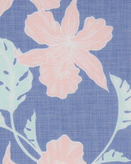 Close-up of the pink floral and mint leaf print on blue fabric.