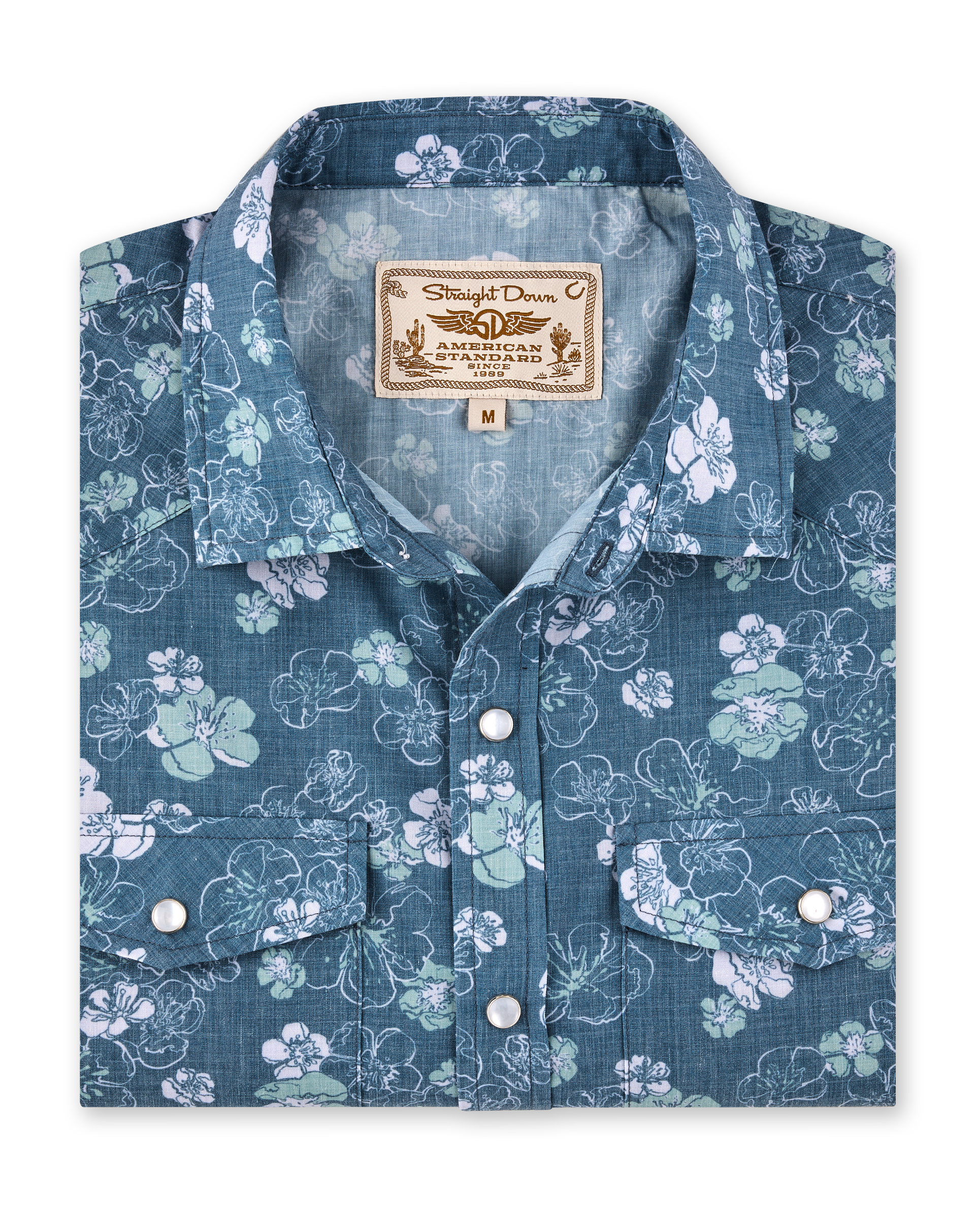 Celadine Woven Shirt in Moonlight featuring a blue floral print, pearl snap buttons, and western-style chest pockets.