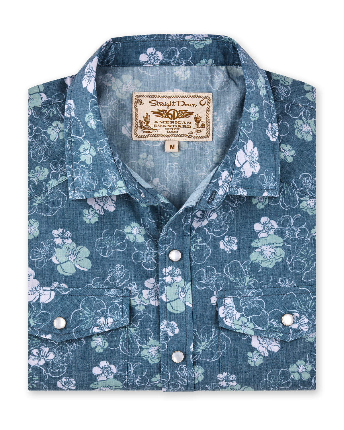 Celadine Woven Shirt in Moonlight featuring a blue floral print, pearl snap buttons, and western-style chest pockets.