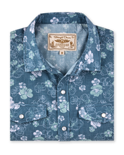 Celadine Woven Shirt in Moonlight featuring a blue floral print, pearl snap buttons, and western-style chest pockets.