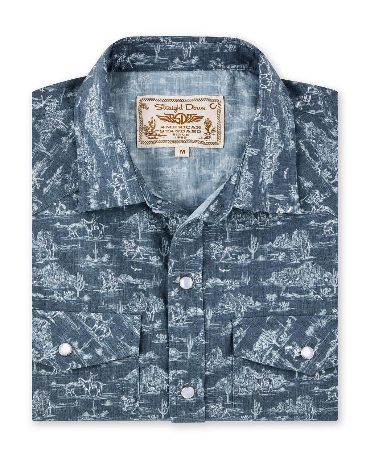 Out West Woven Shirt in Walrus featuring an allover western desert print, pearl snap buttons, and two chest pockets.