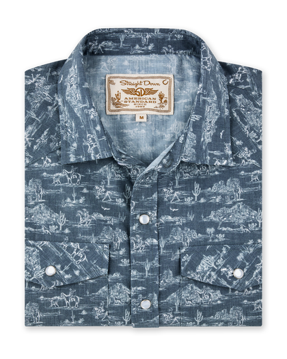 Out West Woven Shirt in Walrus featuring an allover western desert print, pearl snap buttons, and two chest pockets.