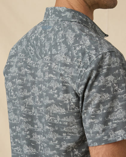 Close-up of the back of the Out West Woven Shirt showing the western desert print and yoke detailing.