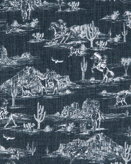 Close-up of the Out West Woven Shirt fabric featuring a tonal western desert scene with cacti, mesas, and cowboys.