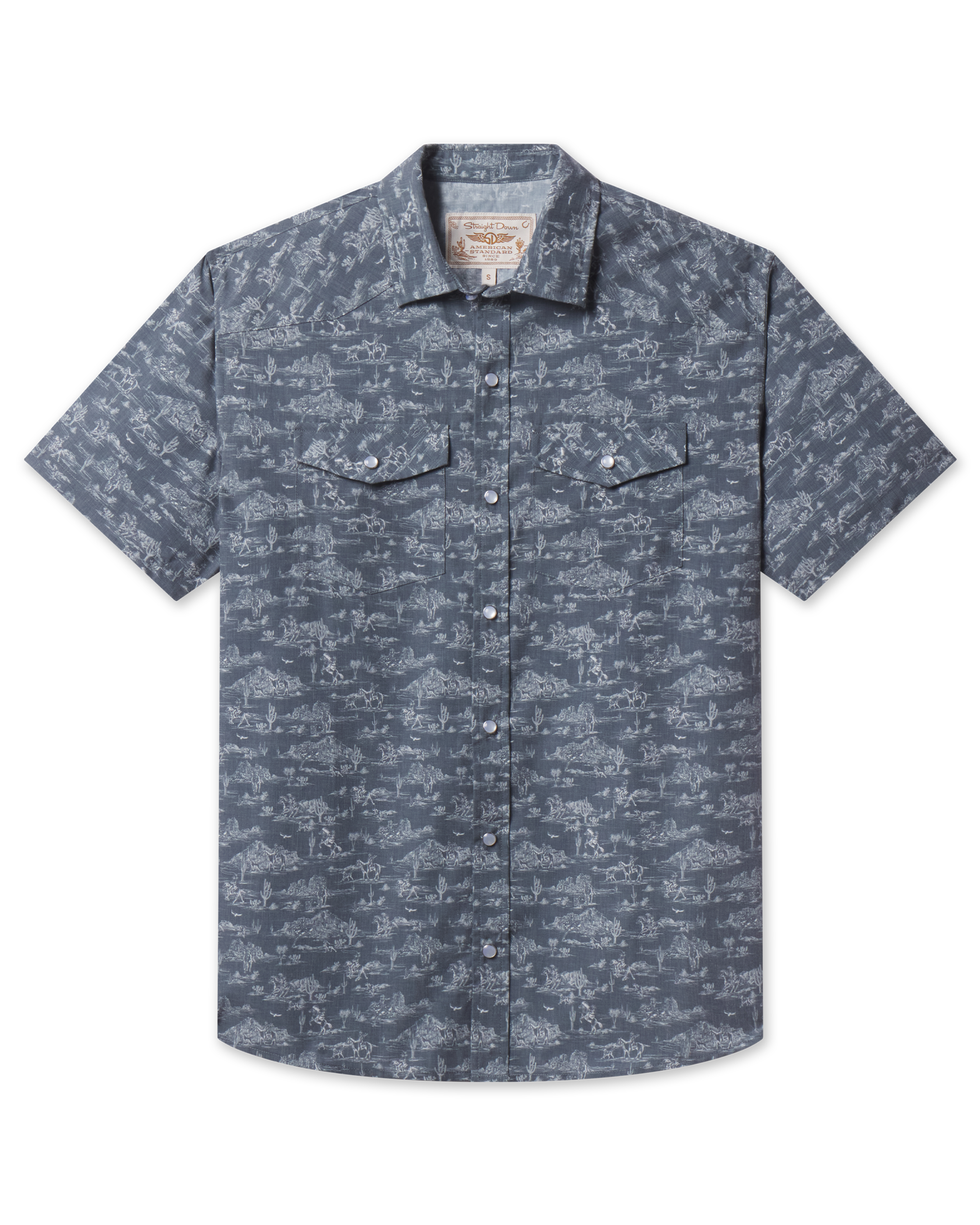 Out West Woven Shirt in Walrus featuring a western desert print, pearl snap front, and two chest pockets.