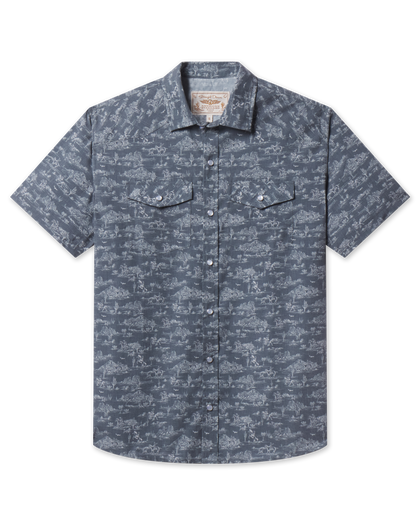 Out West Woven Shirt in Walrus featuring a western desert print, pearl snap front, and two chest pockets.