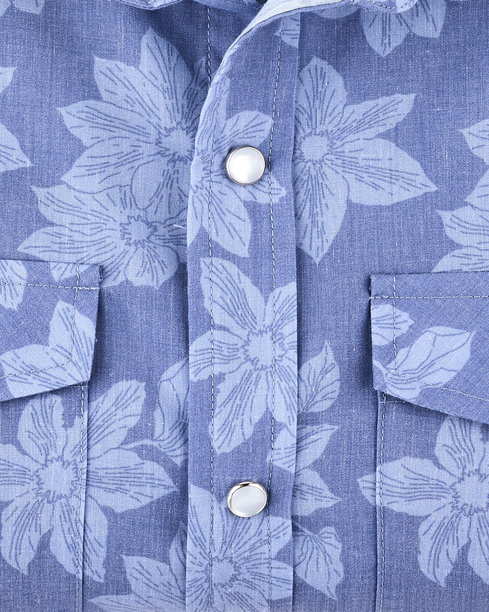 Fabric detail of the Treviso Bay Woven Shirt in Tidal Blue showing the textured broad cloth construction and tonal floral print