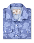 Treviso Bay Woven Shirt in Tidal Blue folded view featuring a tonal floral print, western yoke detailing, and pearl snap buttons