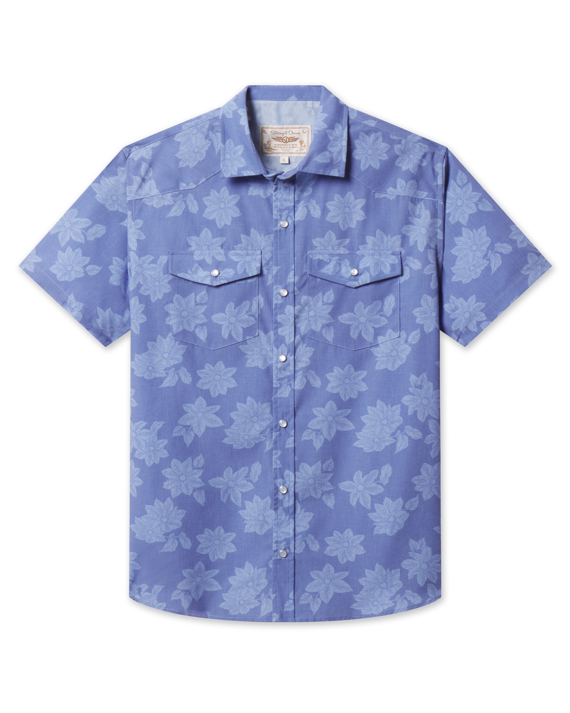 Front product view of the Treviso Bay Woven Shirt in Tidal Blue with short sleeves, pearl snap buttons, and dual chest pockets