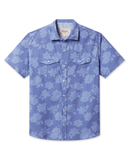 Front product view of the Treviso Bay Woven Shirt in Tidal Blue with short sleeves, pearl snap buttons, and dual chest pockets