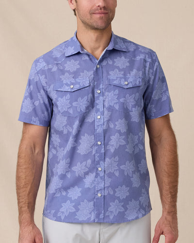 Model wearing the Treviso Bay Woven Shirt in Tidal Blue