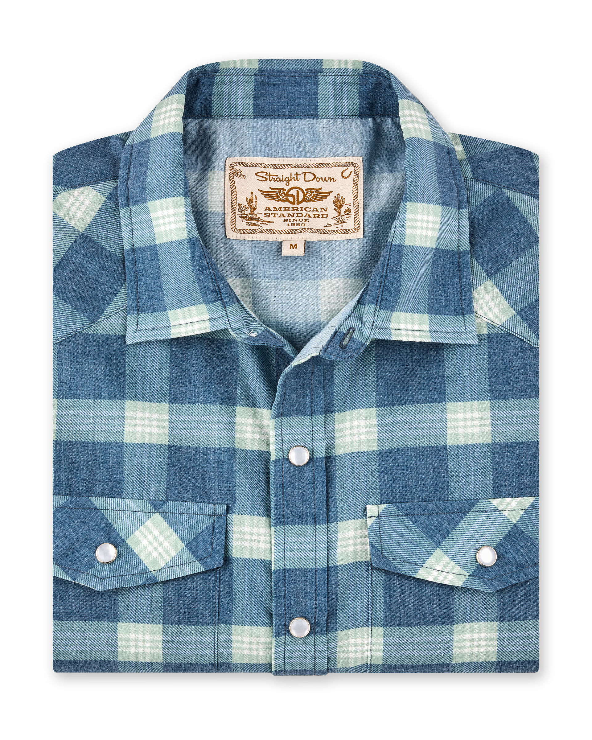 Folded Jasper Woven Shirt in Moonlight featuring a blue and light green plaid pattern, pearl snap buttons, and western-inspired detailing.