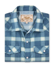 Folded Jasper Woven Shirt in Moonlight featuring a blue and light green plaid pattern, pearl snap buttons, and western-inspired detailing.