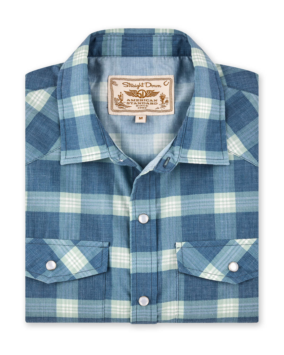 Folded Jasper Woven Shirt in Moonlight featuring a blue and light green plaid pattern, pearl snap buttons, and western-inspired detailing.
