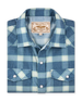 Folded Jasper Woven Shirt in Moonlight featuring a blue and light green plaid pattern, pearl snap buttons, and western-inspired detailing.