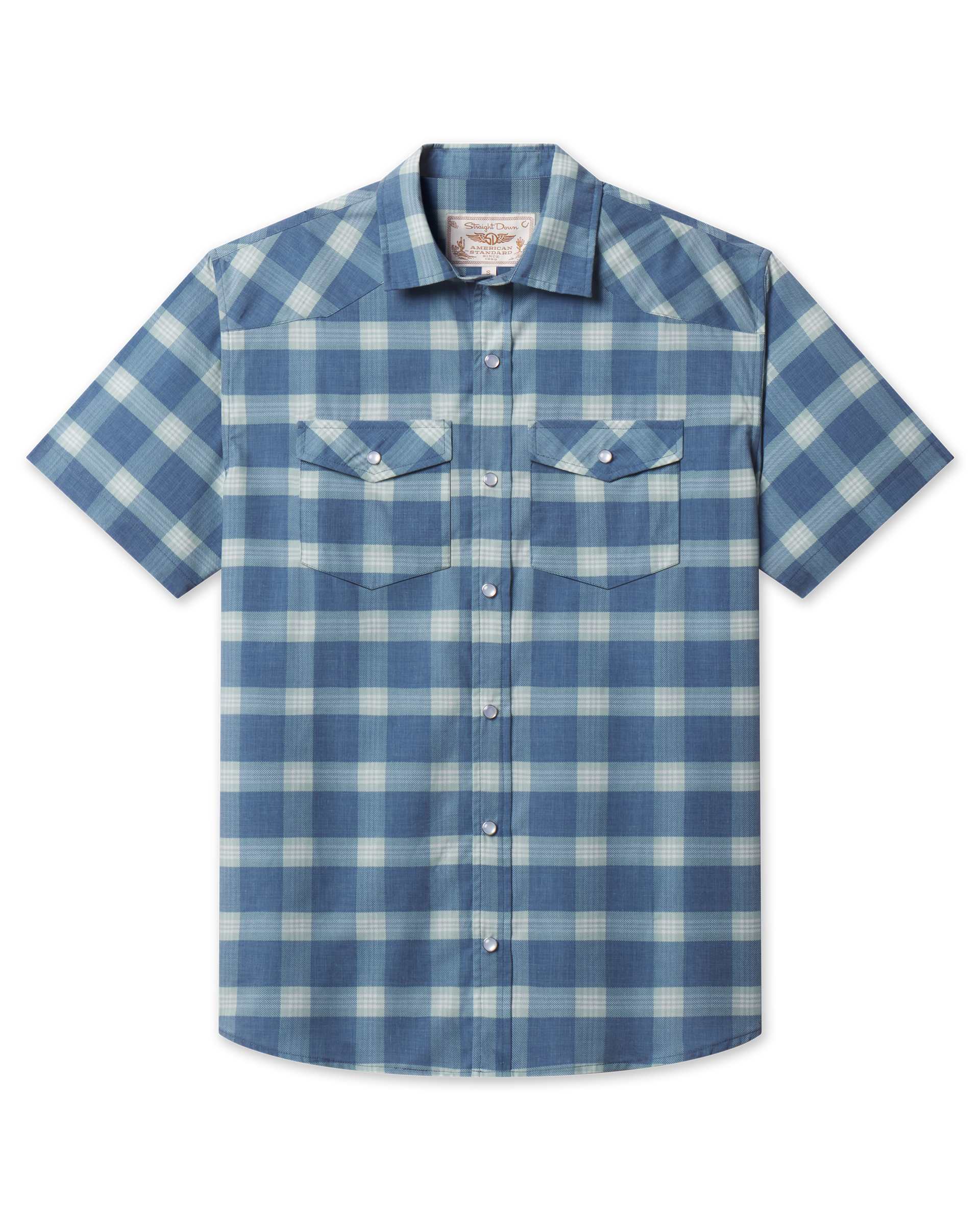Jasper Woven Shirt in Moonlight featuring a blue and light green plaid pattern, short sleeves, pearl snap front, and dual flap chest pockets.
