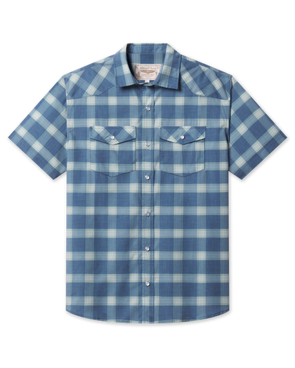 Jasper Woven Shirt in Moonlight featuring a blue and light green plaid pattern, short sleeves, pearl snap front, and dual flap chest pockets.
