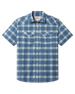 Jasper Woven Shirt in Moonlight featuring a blue and light green plaid pattern, short sleeves, pearl snap front, and dual flap chest pockets.