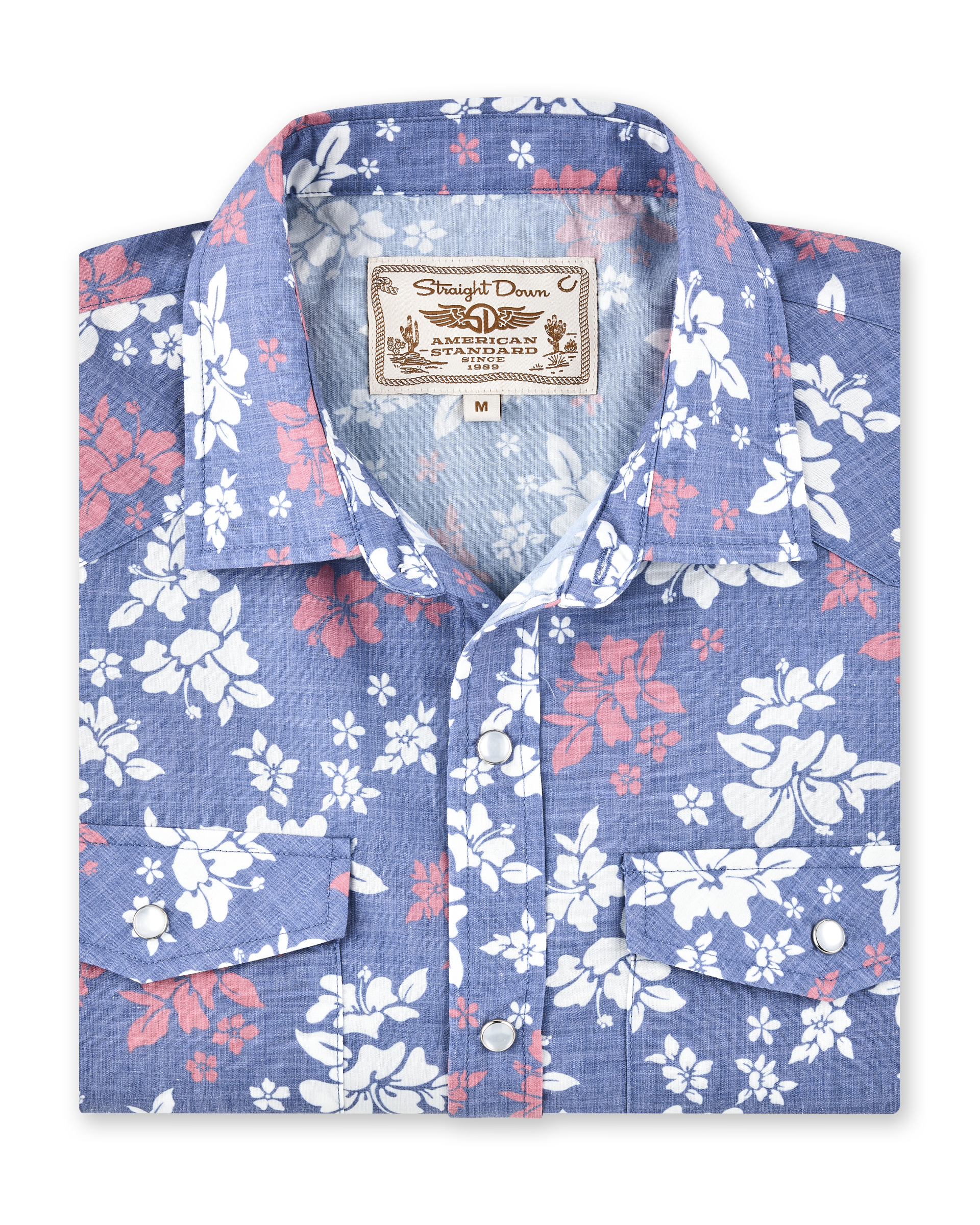 Folded Paniolo Woven Shirt in Tidal Blue with allover hibiscus floral print and western-inspired pearl snap details