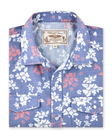 Folded Paniolo Woven Shirt in Tidal Blue with allover hibiscus floral print and western-inspired pearl snap details