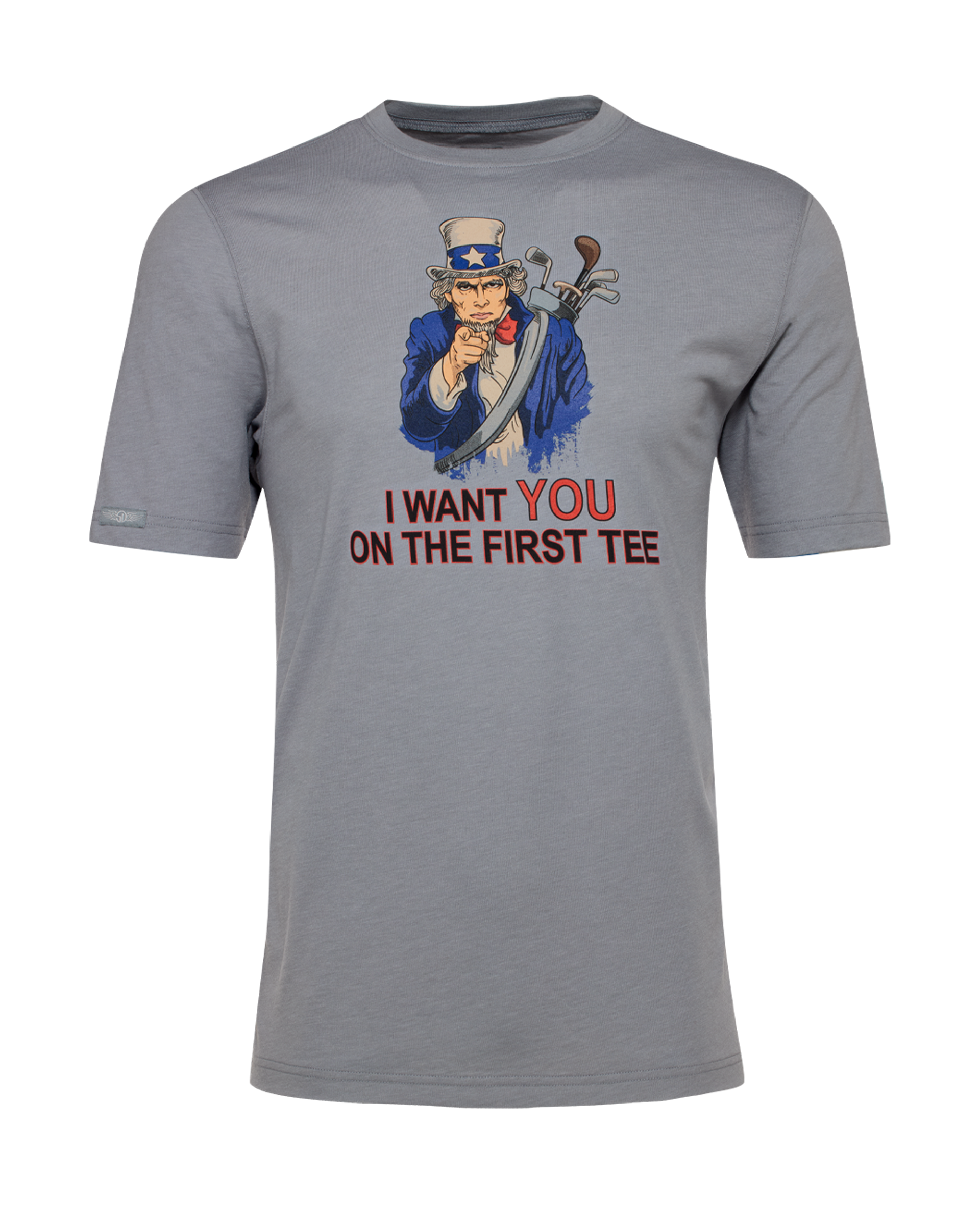 Men's Uncle Sam Graphic Tee in Grey, flat lay front view featuring a gray short-sleeve crew neck tee with a patriotic Uncle Sam pointing forward with a golf bag on his back and the text 