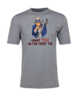 Men's Uncle Sam Graphic Tee in Grey, flat lay front view featuring a gray short-sleeve crew neck tee with a patriotic Uncle Sam pointing forward with a golf bag on his back and the text "I Want YOU On The First Tee"