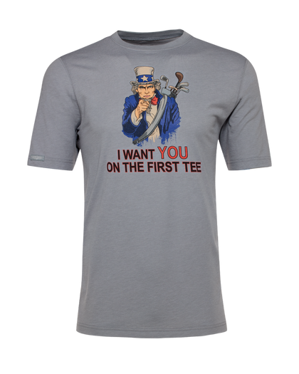 Men's Uncle Sam Graphic Tee in Grey, flat lay front view featuring a gray short-sleeve crew neck tee with a patriotic Uncle Sam pointing forward with a golf bag on his back and the text "I Want YOU On The First Tee"