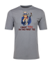 Men's Uncle Sam Graphic Tee in Grey, flat lay front view featuring a gray short-sleeve crew neck tee with a patriotic Uncle Sam pointing forward with a golf bag on his back and the text "I Want YOU On The First Tee"