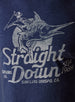 Marlin Rodeo Graphic Tee in New Indigo, close-up graphic detail view highlighting a vintage-style illustration of a golfer riding a leaping marlin with a distressed grey ink treatment