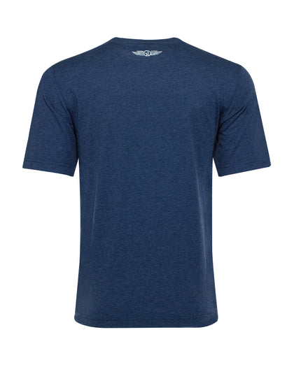 Marlin Rodeo Graphic Tee in New Indigo, flat lay back view featuring a heathered navy short-sleeve crewneck tee with Straight Down logo at the upper back neckline