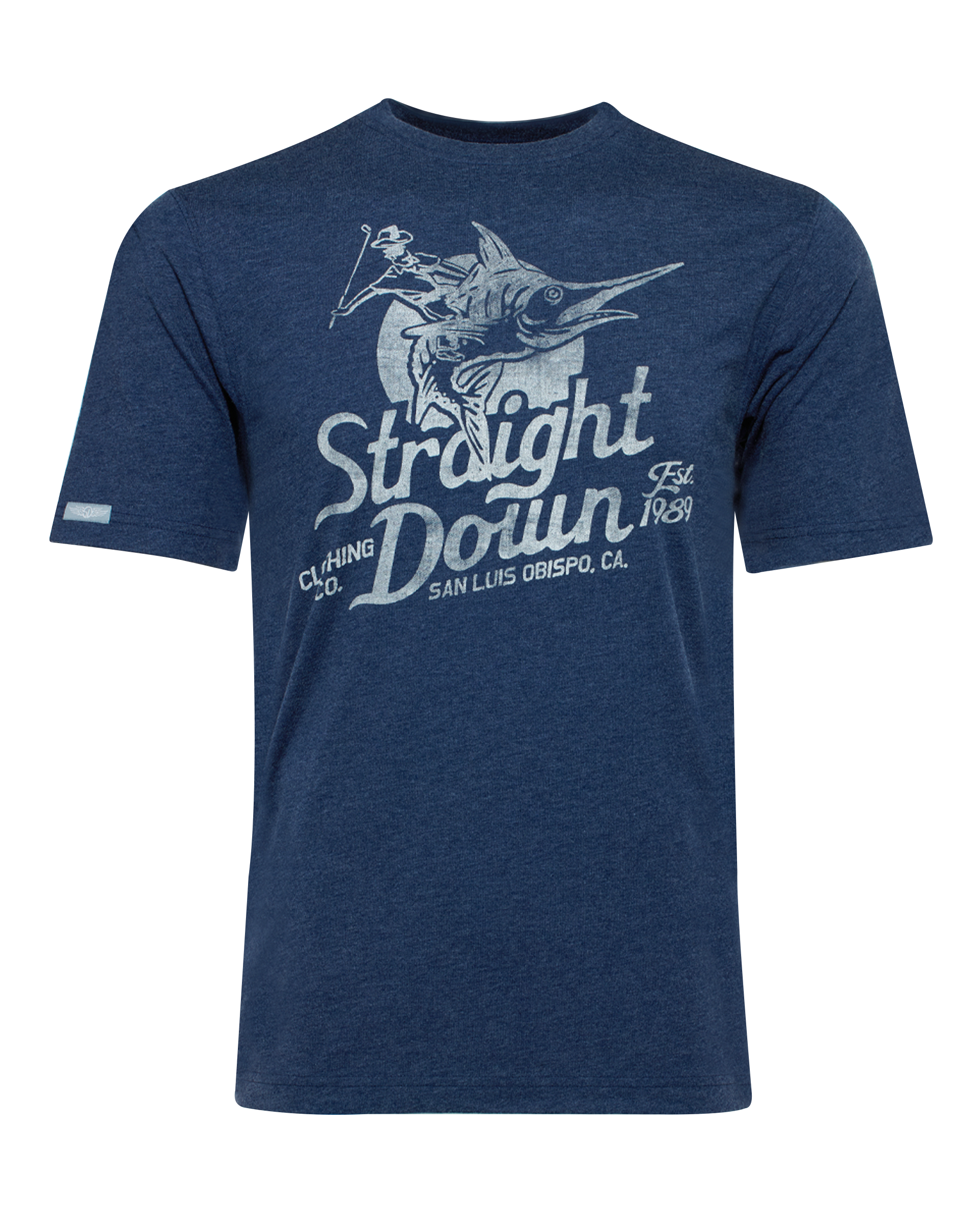Marlin Rodeo Graphic Tee in New Indigo, flat lay front view featuring a heathered navy short-sleeve crewneck tee with a vintage-style graphic of a golfer riding a leaping marlin
