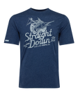 Marlin Rodeo Graphic Tee in New Indigo, flat lay front view featuring a heathered navy short-sleeve crewneck tee with a vintage-style graphic of a golfer riding a leaping marlin