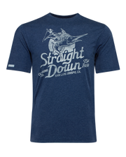 Marlin Rodeo Graphic Tee in New Indigo, flat lay front view featuring a heathered navy short-sleeve crewneck tee with a vintage-style graphic of a golfer riding a leaping marlin