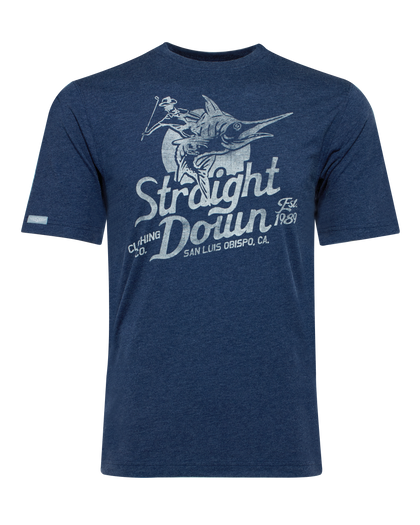 Marlin Rodeo Graphic Tee in New Indigo, flat lay front view featuring a heathered navy short-sleeve crewneck tee with a vintage-style graphic of a golfer riding a leaping marlin